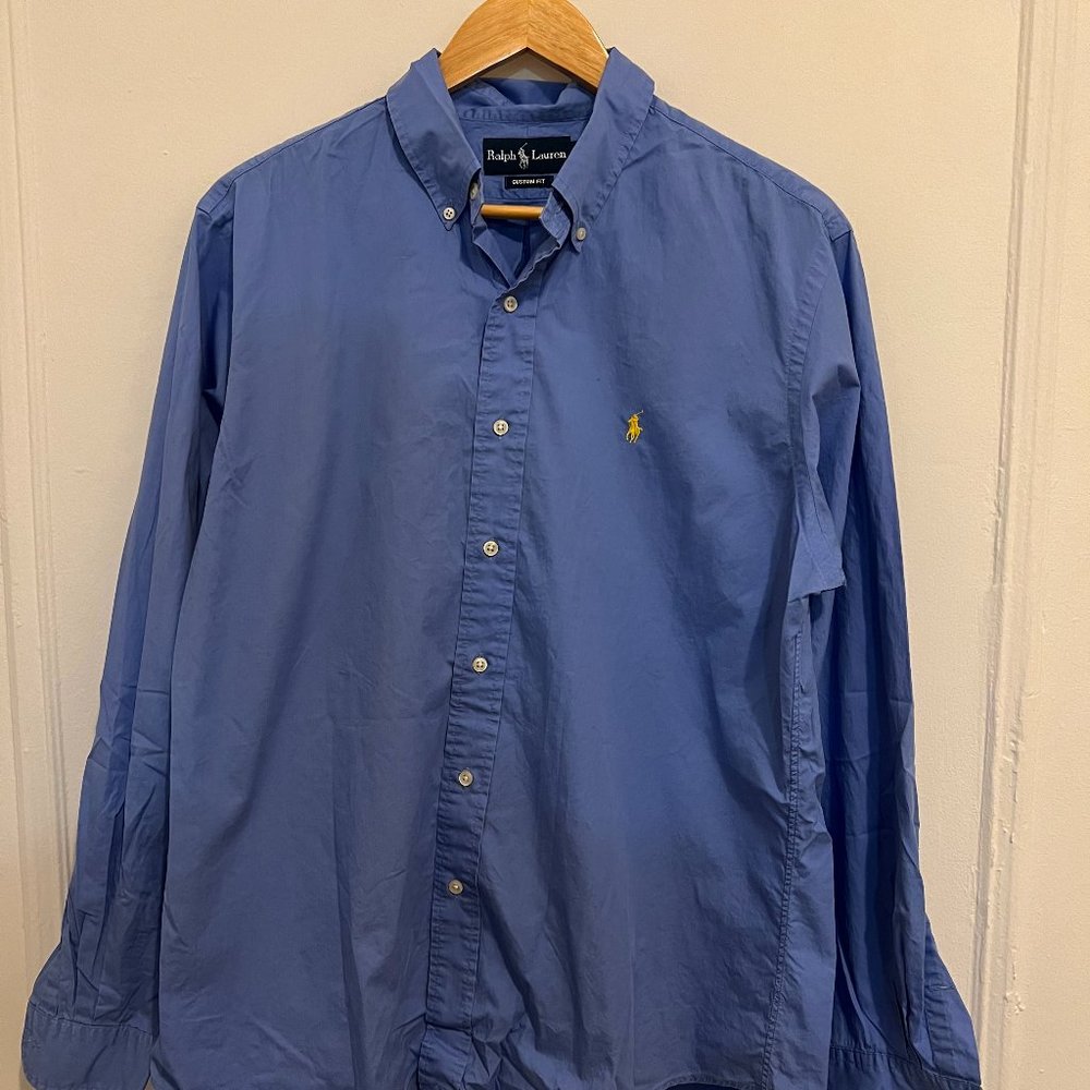 Rare Ralph Lauren Blue Button-up Shirt W/Logo on Front - Men's Large